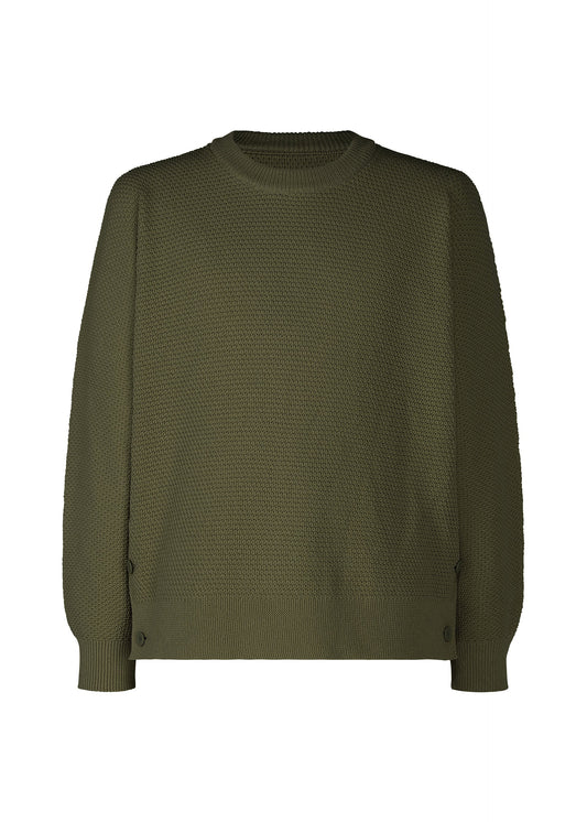 A product shot of the HOMME PLISSÉ ISSEY MIYAKE RUSTIC KNIT top in khaki.