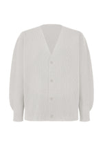 A product shot of the HOMME PLISSÉ ISSEY MIYAKE BASIC KNIT cardigan in light gray.