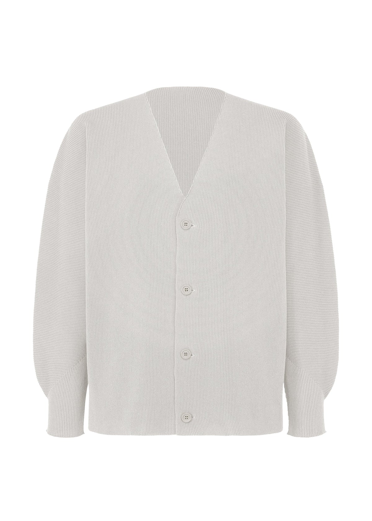 A product shot of the HOMME PLISSÉ ISSEY MIYAKE BASIC KNIT cardigan in light gray.