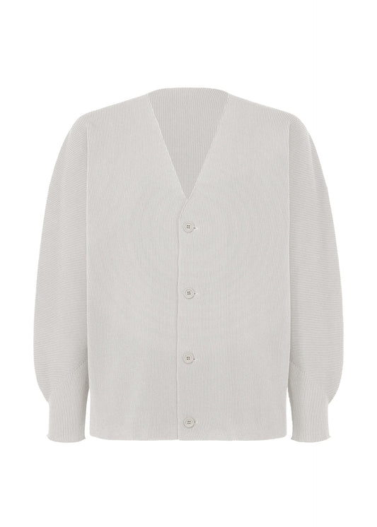 A product shot of the HOMME PLISSÉ ISSEY MIYAKE BASIC KNIT cardigan in light gray.
