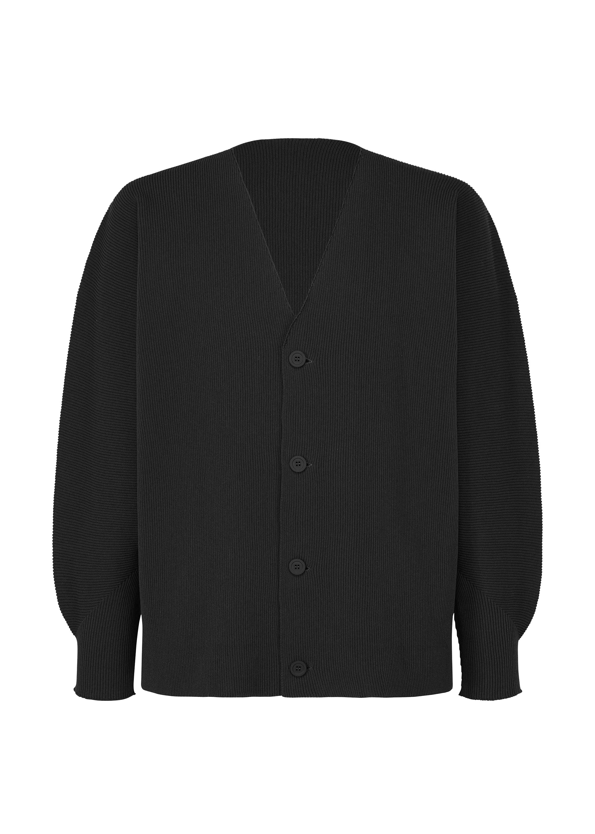 A product shot of the HOMME PLISSÉ ISSEY MIYAKE BASIC KNIT cardigan in black.