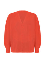 A product shot of the HOMME PLISSÉ ISSEY MIYAKE BASIC KNIT cardigan in red.