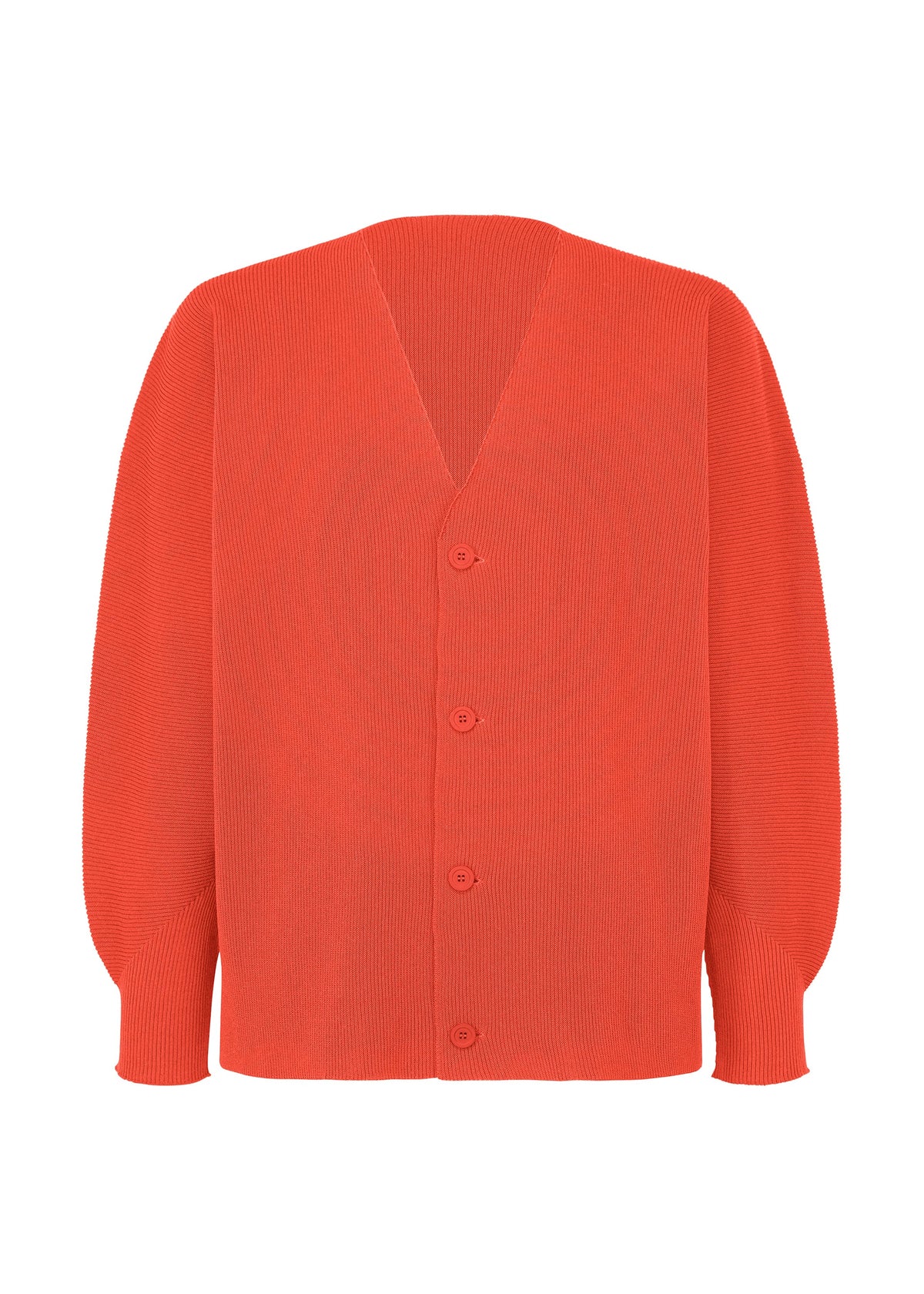 A product shot of the HOMME PLISSÉ ISSEY MIYAKE BASIC KNIT cardigan in red.