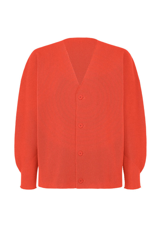 A product shot of the HOMME PLISSÉ ISSEY MIYAKE BASIC KNIT cardigan in red.
