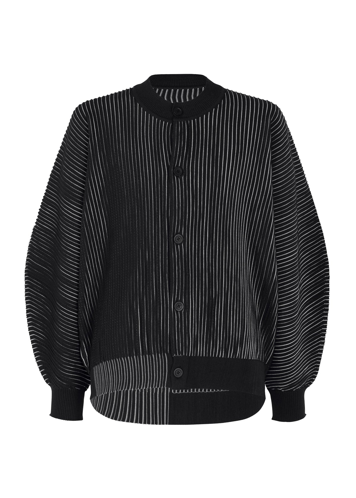 A product shot of the HOMME PLISSÉ ISSEY MIYAKE IN THE SHADOW KNIT cardigan in black.