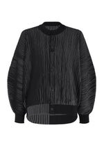 A product shot of the HOMME PLISSÉ ISSEY MIYAKE IN THE SHADOW KNIT cardigan in black.