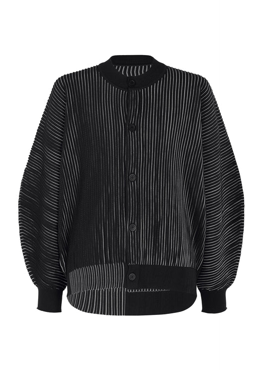 A product shot of the HOMME PLISSÉ ISSEY MIYAKE IN THE SHADOW KNIT cardigan in black.