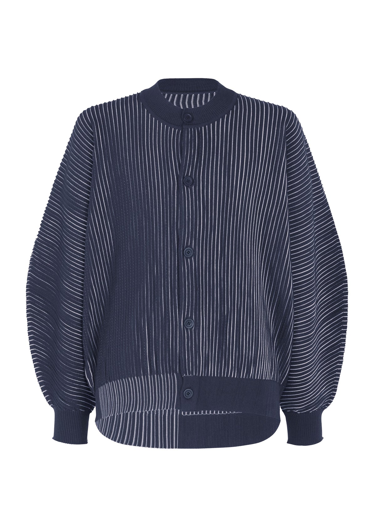 A product shot of the HOMME PLISSÉ ISSEY MIYAKE IN THE SHADOW KNIT cardigan in blue.