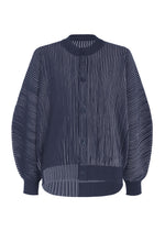 A product shot of the HOMME PLISSÉ ISSEY MIYAKE IN THE SHADOW KNIT cardigan in blue.