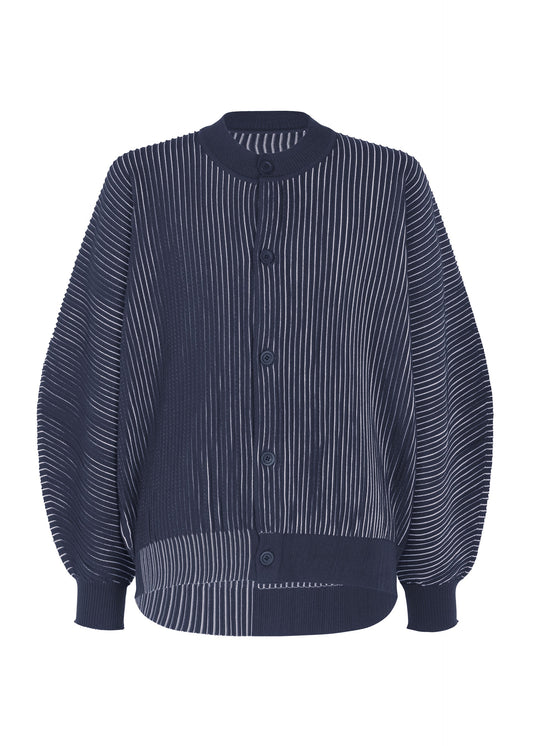 A product shot of the HOMME PLISSÉ ISSEY MIYAKE IN THE SHADOW KNIT cardigan in blue.