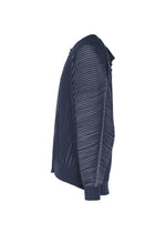 A detail shot of the HOMME PLISSÉ ISSEY MIYAKE IN THE SHADOW KNIT cardigan.