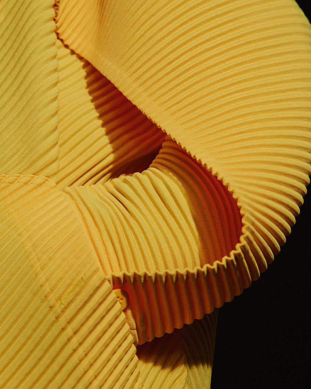 Closeup of model's hand in pocket of bright yellow pleated coat. Posing in front of black background.