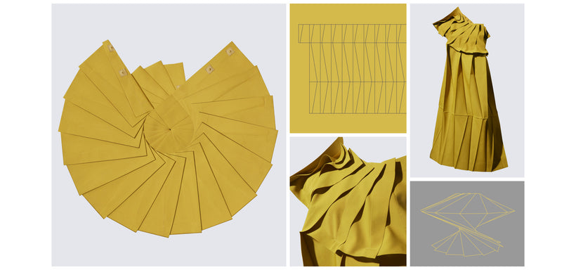 Left: NO.3 dress in Mustard, laid flat and folded into a spiral against a light grey background. Right (divided into four images): Top Left: Design diagram of NO.3 dress against a yellow background. Top Right: NO.3 dress in Mustard against a light grey background. Bottom Left: Detail of the neckline of the NO.3 dress in Mustard against a light grey background. Bottom Right: Three-dimensional design diagram of NO.3 dress against a dark grey background.