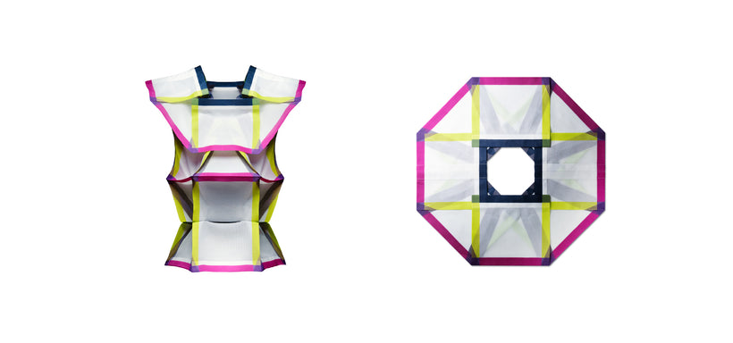 Centre: NO.6 TRANSLUCENT Top in Multi, shown in both three-dimensional form and folded flat, against a white background.