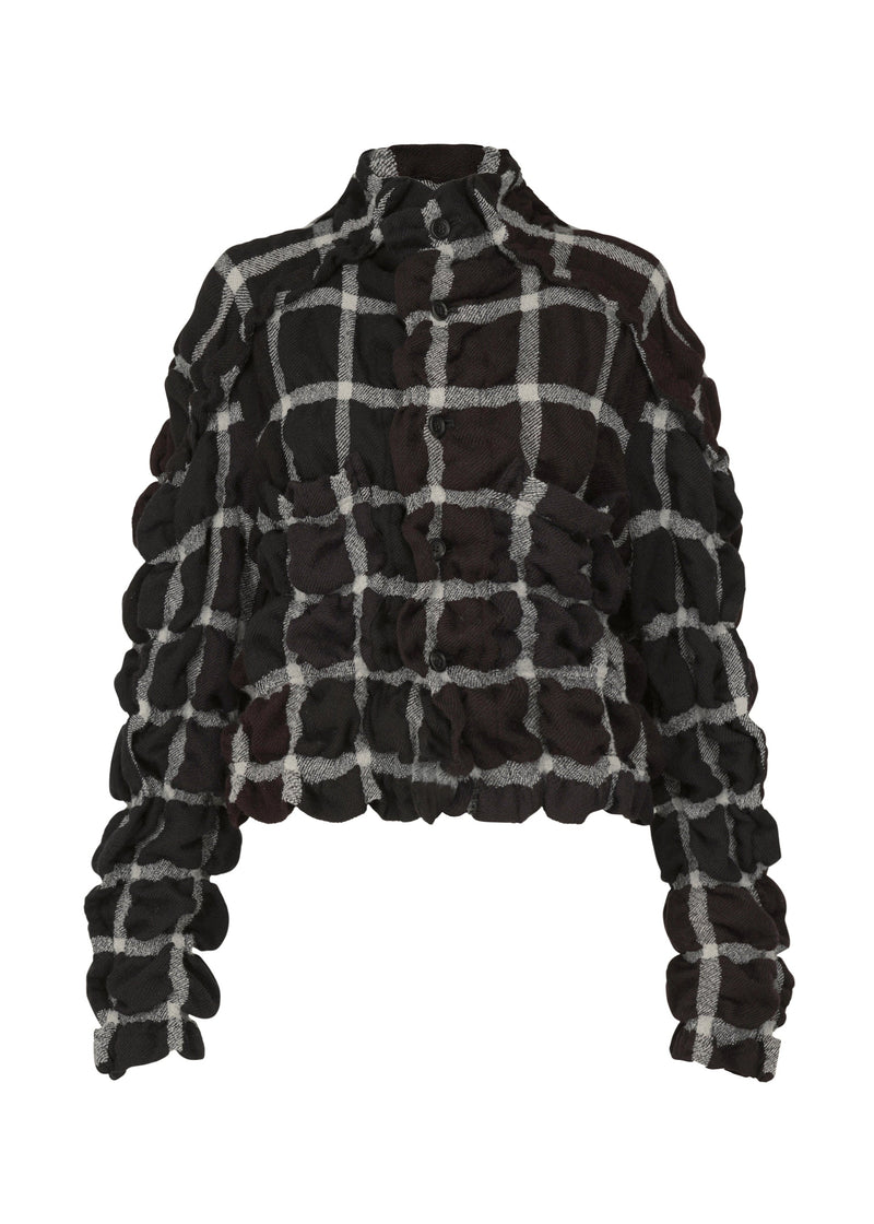 A product shot of the ISSEY MIYAKE PRISM CHECK jacket in black-hued (17).