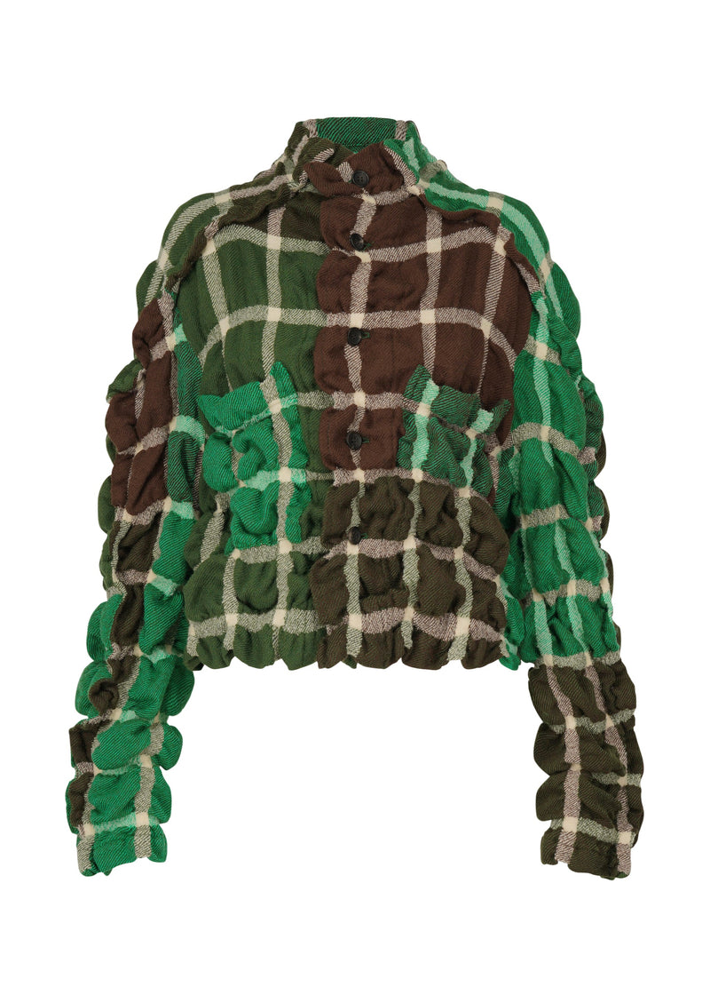 A product shot of the ISSEY MIYAKE PRISM CHECK jacket in green-hued (66).