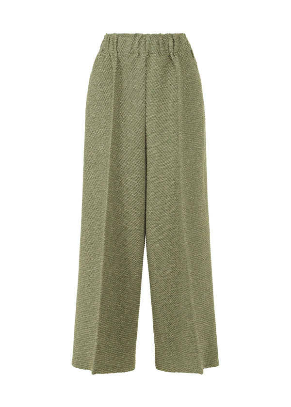 A product shot of the ISSEY MIYAKE WARM PLEATS trousers in khaki-hued (67).