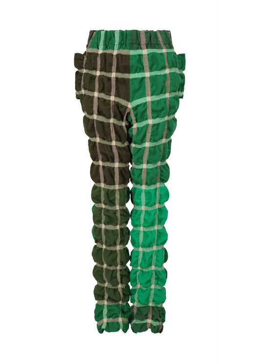 A product shot of the ISSEY MIYAKE PRISM CHECK trousers in green-hued (66).