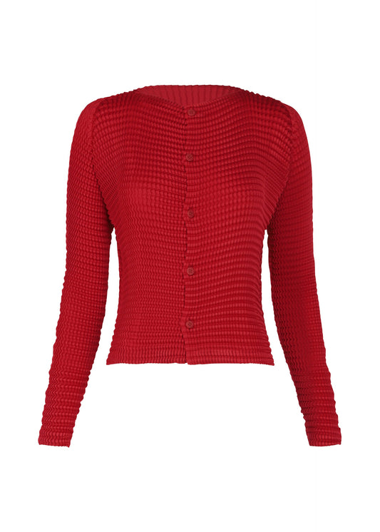 A product shot of the ISSEY MIYAKE SUEDE LIKE PLEATS cardigan in nadeshiko red (29).