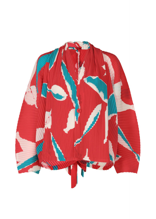 A product shot of the ISSEY MIYAKE VIGOR PLEATS cardigan in red-hued (27).