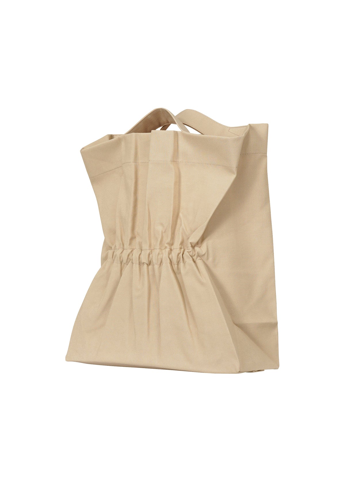 A detail shot of the ISSEY MIYAKE DRAWN AND PRESSED bag.