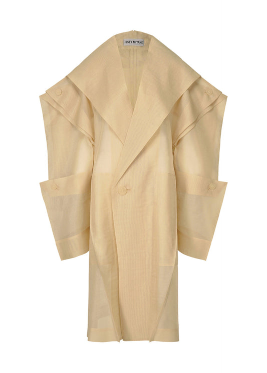 A product shot of the ISSEY MIYAKE PRESS AND PRESSED coat in oaka beige (48).