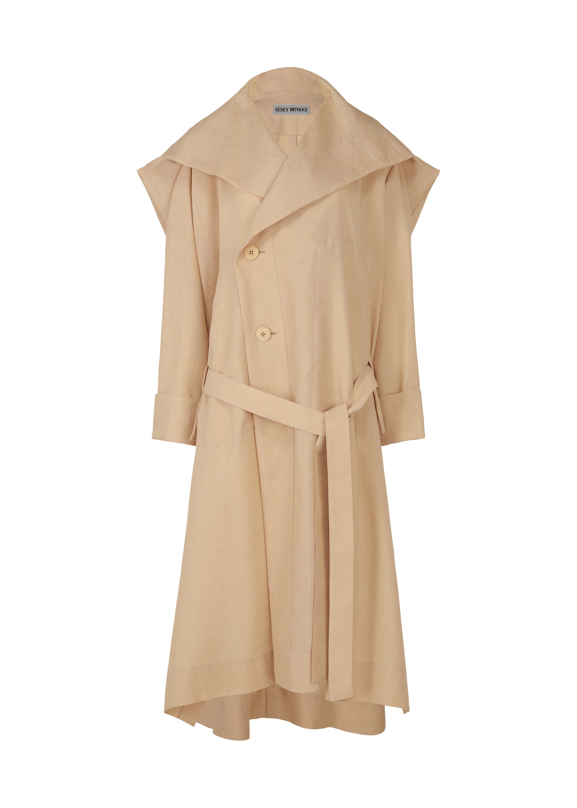 A product shot of the ISSEY MIYAKE EASE AND EASED coat in oaka beige (48).