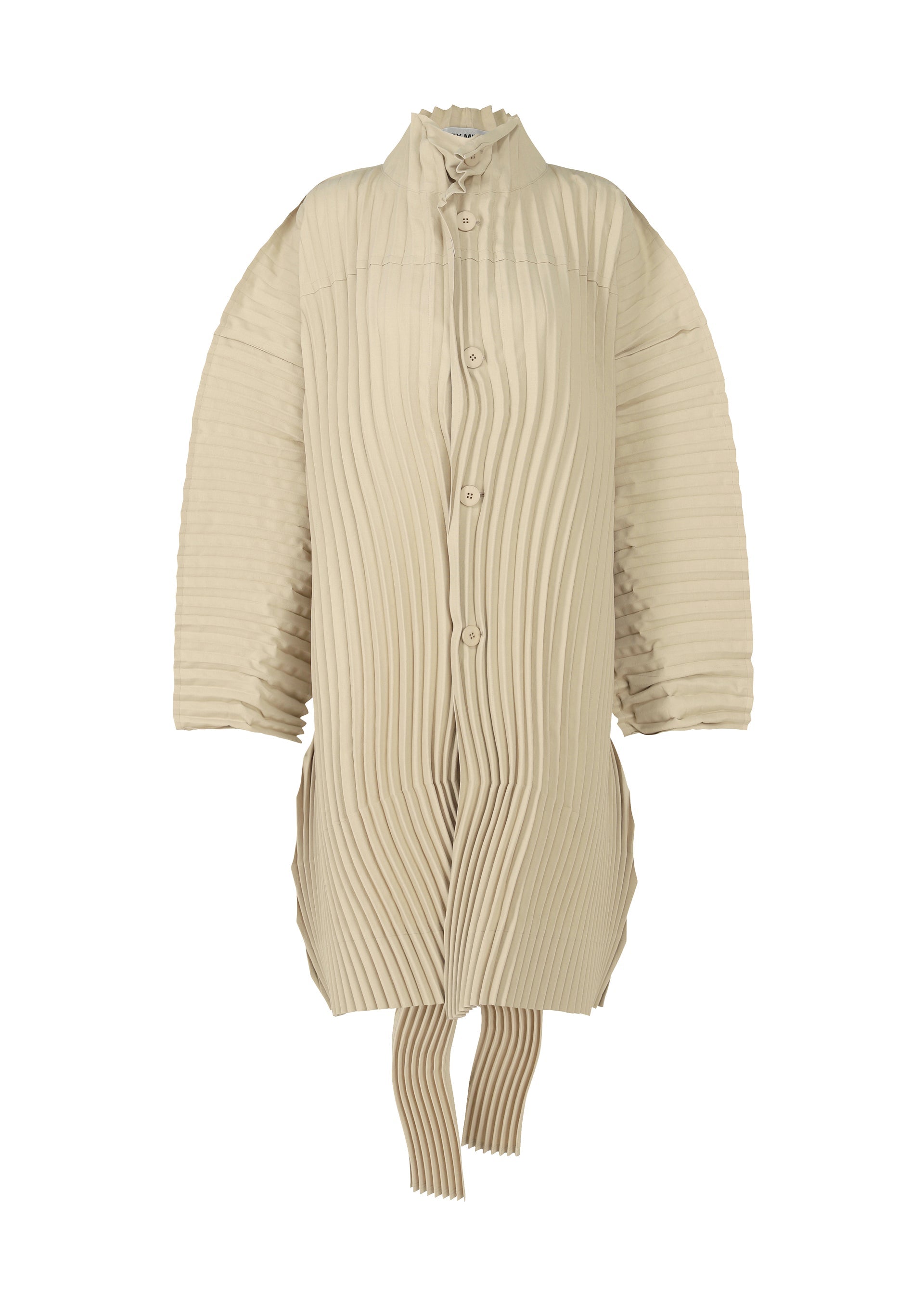 A product shot of the ISSEY MIYAKE WAVERING PLEATS coat in ash beige (42).