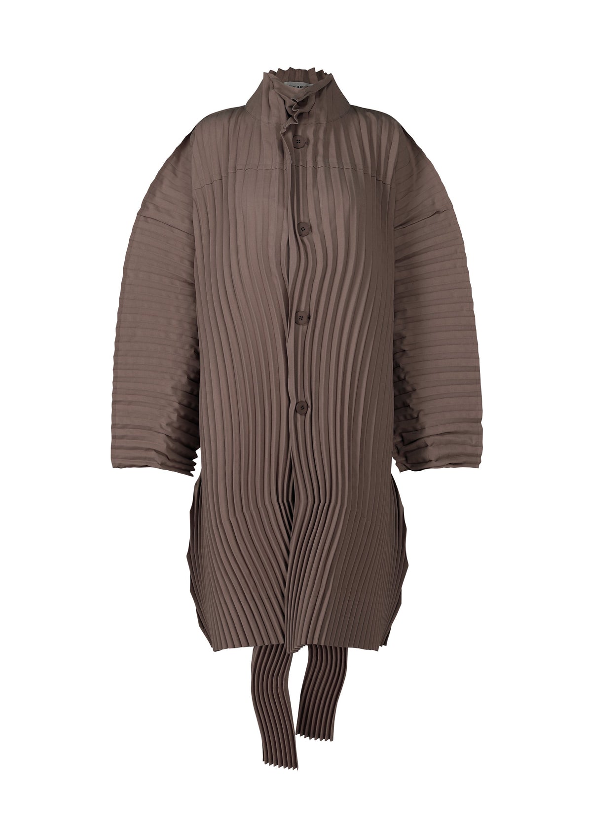 A product shot of the ISSEY MIYAKE WAVERING PLEATS coat in nasu brown (89).