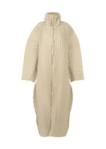 A product shot of the ISSEY MIYAKE WAVERING PLEATS coat in ash beige (42).