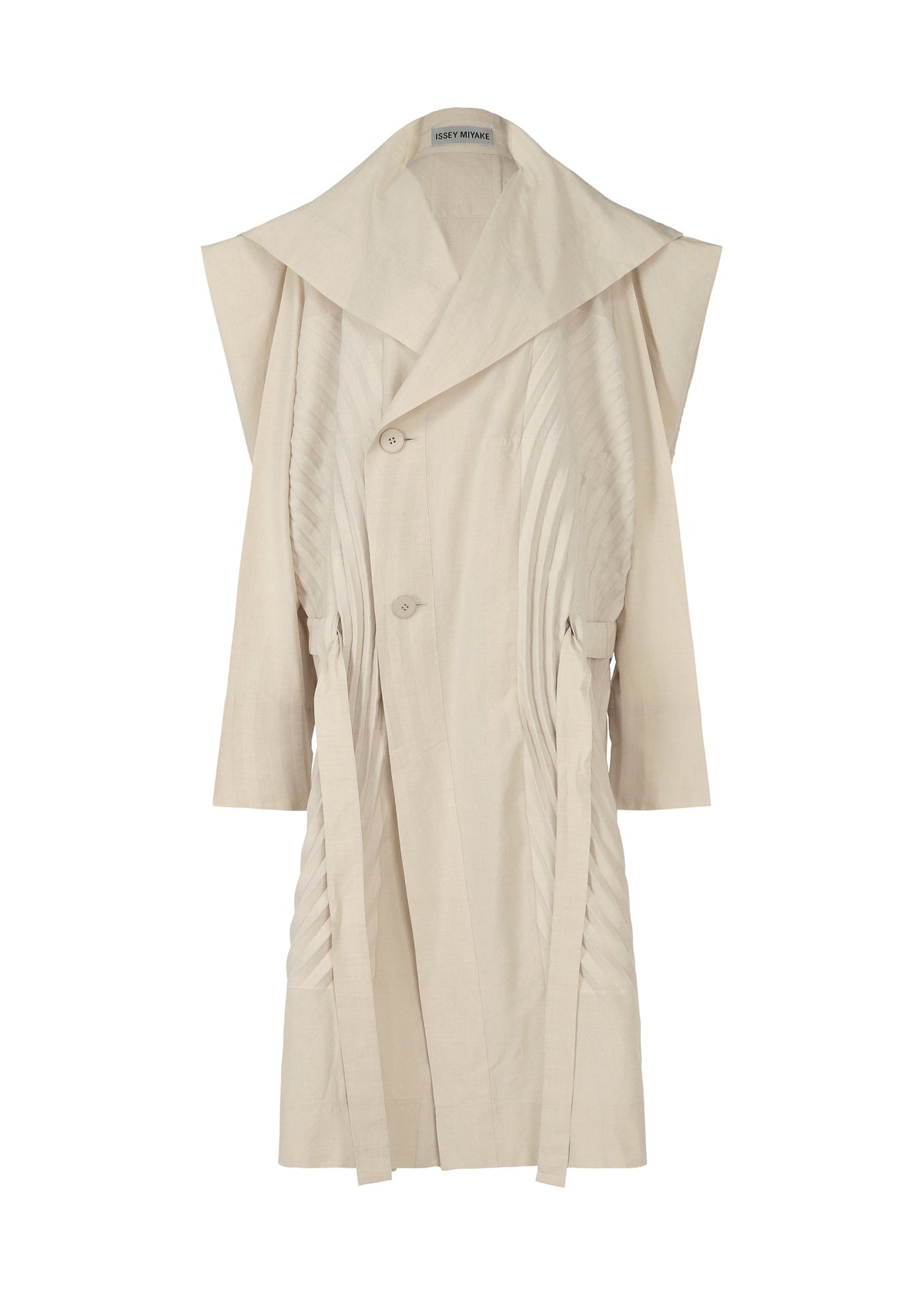 A product shot of the ISSEY MIYAKE FLOW coat in ash beige (42).