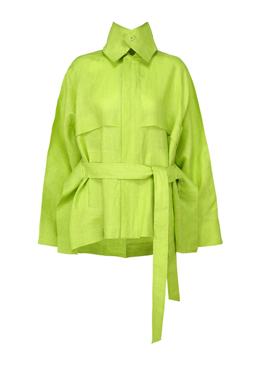 A product shot of the ISSEY MIYAKE HEMPEN jacket in moegi green (60).