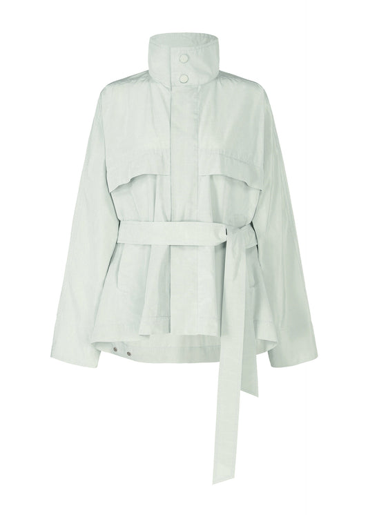 A product shot of the ISSEY MIYAKE CRUMPLED U jacket in light green ash (18).
