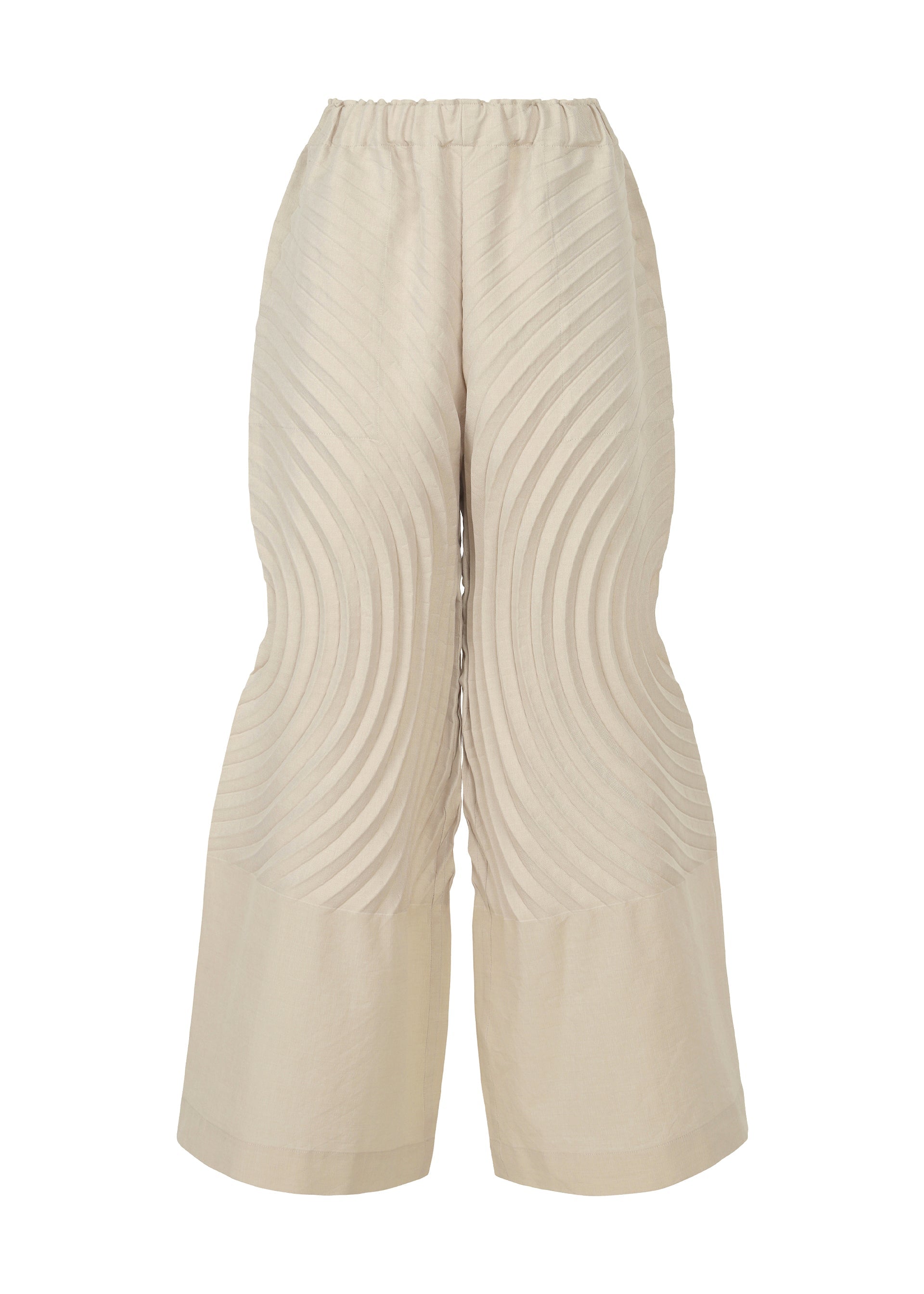 A product shot of the ISSEY MIYAKE FLOW trousers in ash beige (42).