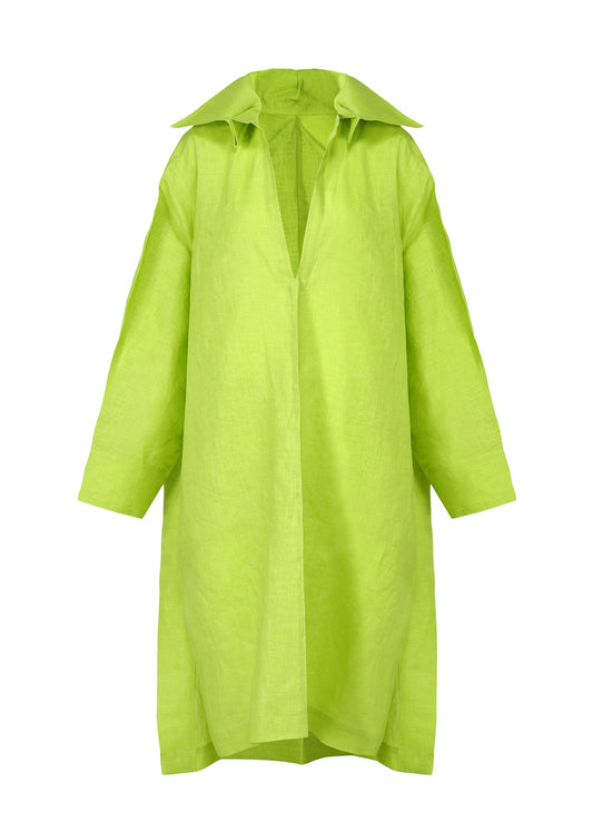 A product shot of the ISSEY MIYAKE HEMPEN dress in moegi green (60).