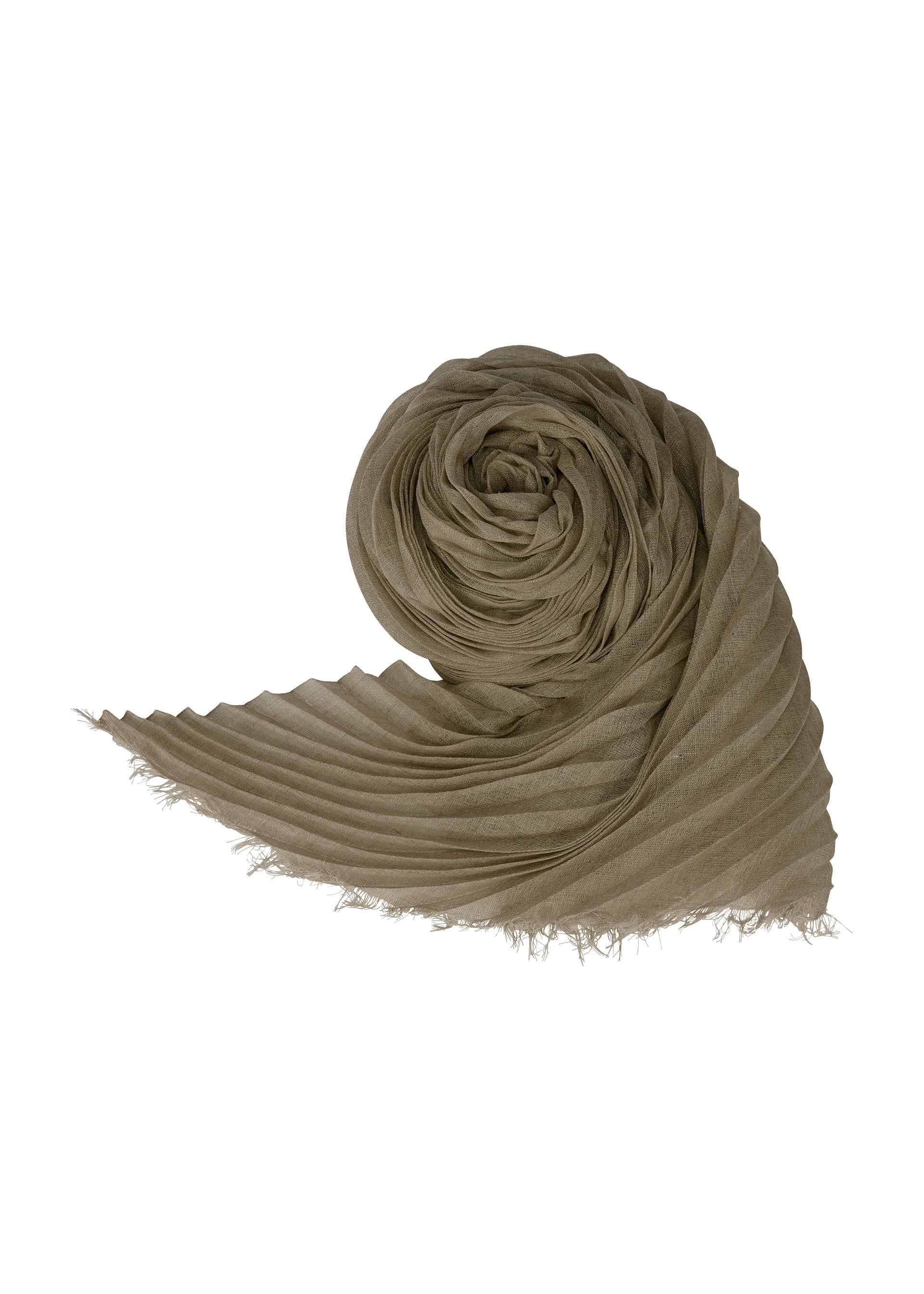 A product shot of the ISSEY MIYAKE SILK WOOL PLEATS STOLE stole in khaki.