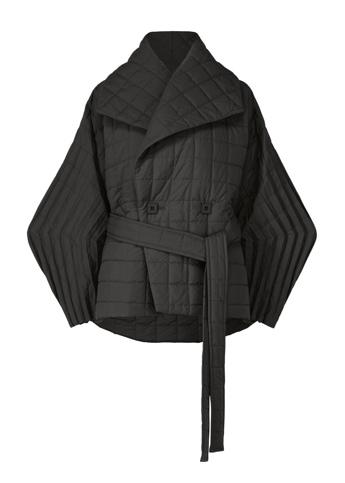 A product shot of the ISSEY MIYAKE PLEATED GRID coat in black (15).