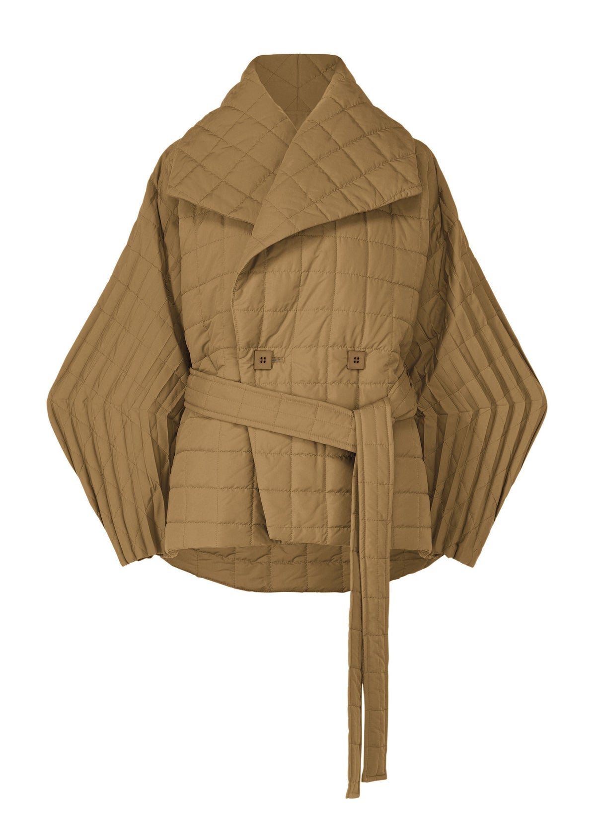 A product shot of the ISSEY MIYAKE PLEATED GRID coat in brown (44).