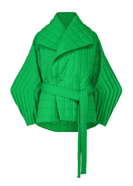 A product shot of the ISSEY MIYAKE PLEATED GRID coat in green (62).
