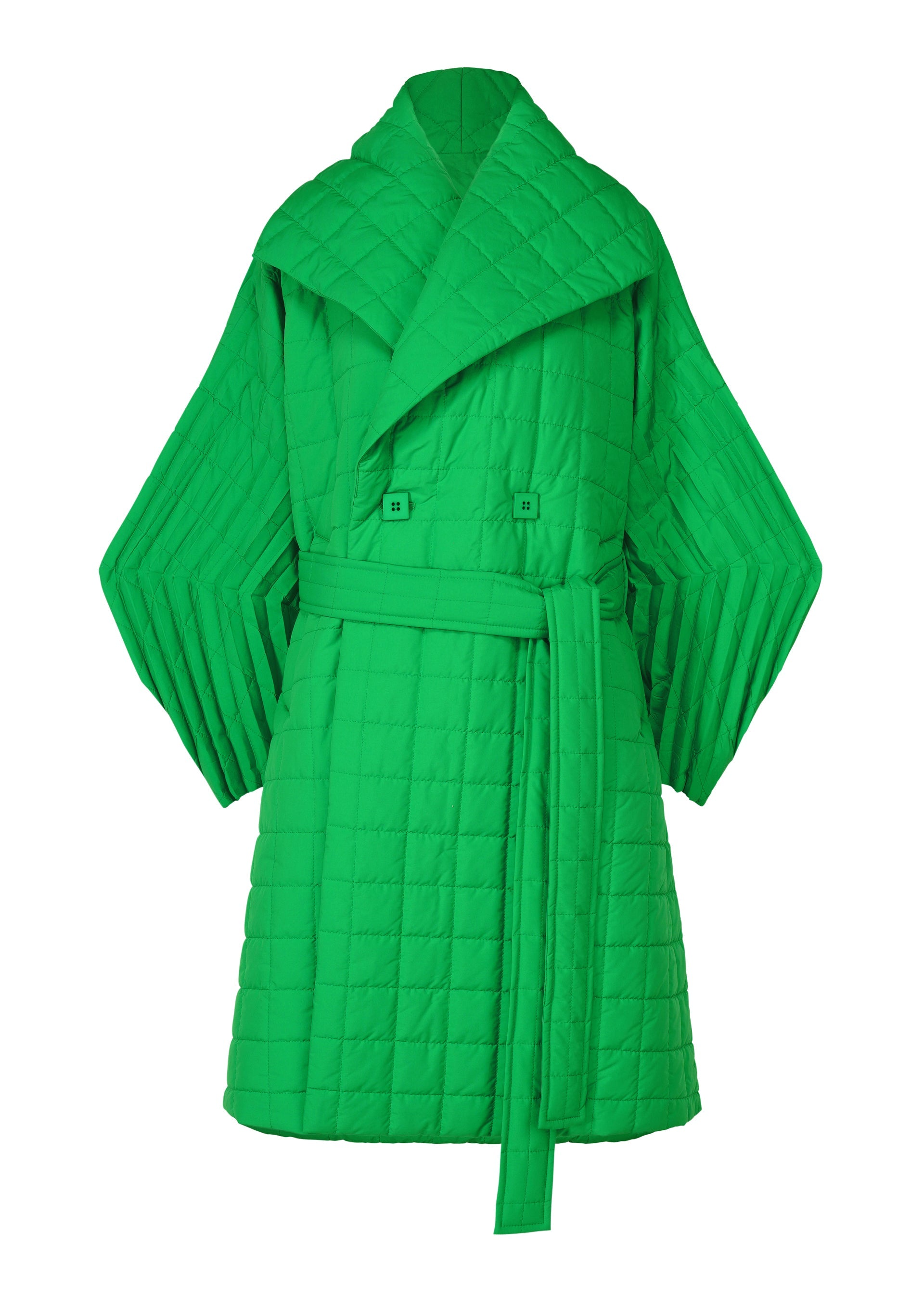 A product shot of the ISSEY MIYAKE PLEATED GRID coat in green (62).