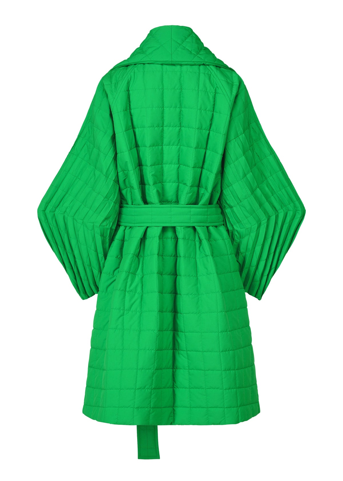 A detail shot of the ISSEY MIYAKE PLEATED GRID coat.