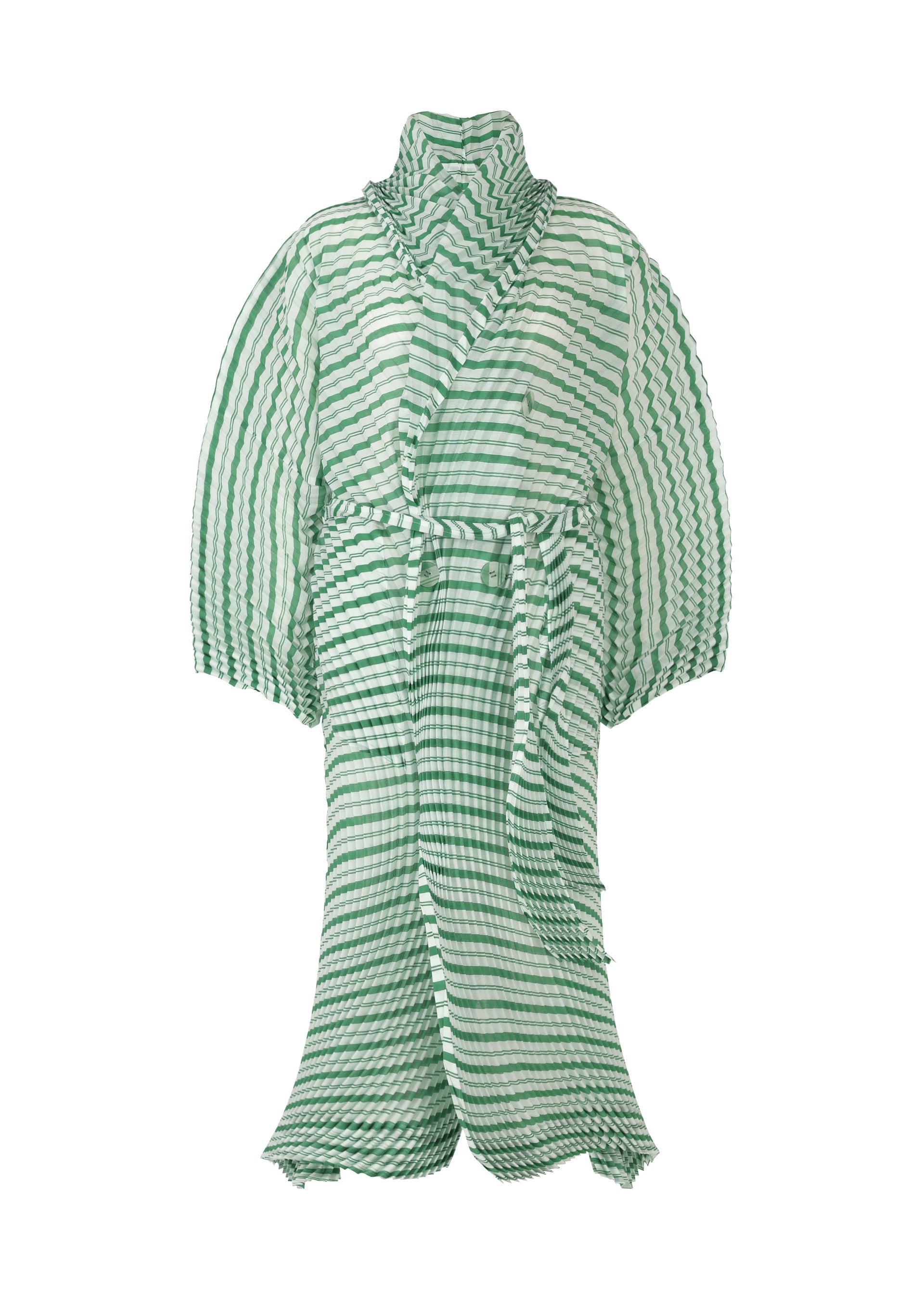 A product shot of the ISSEY MIYAKE GENERIC STRIPES (HAND PLEATS) clothing in green-hued (66).