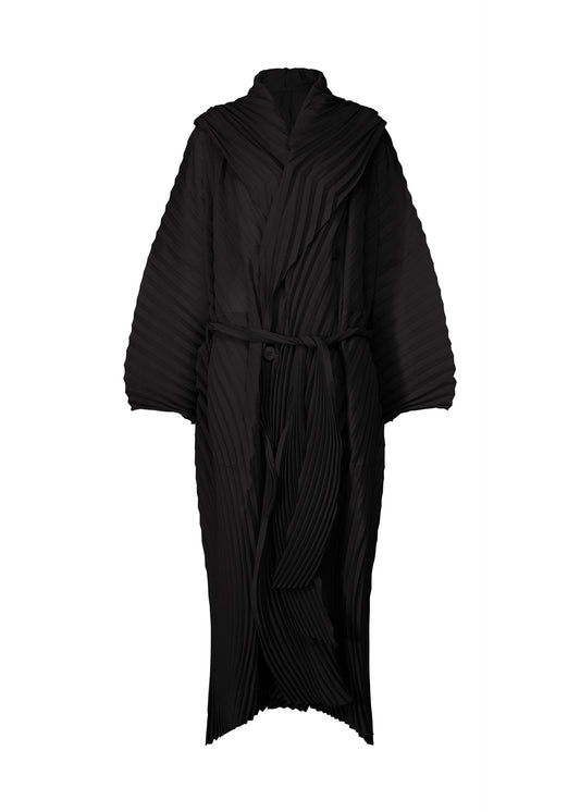 A product shot of the ISSEY MIYAKE WAVE PLEATS coat in black (15).