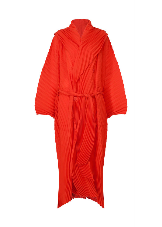 A product shot of the ISSEY MIYAKE WAVE PLEATS coat in red (24).