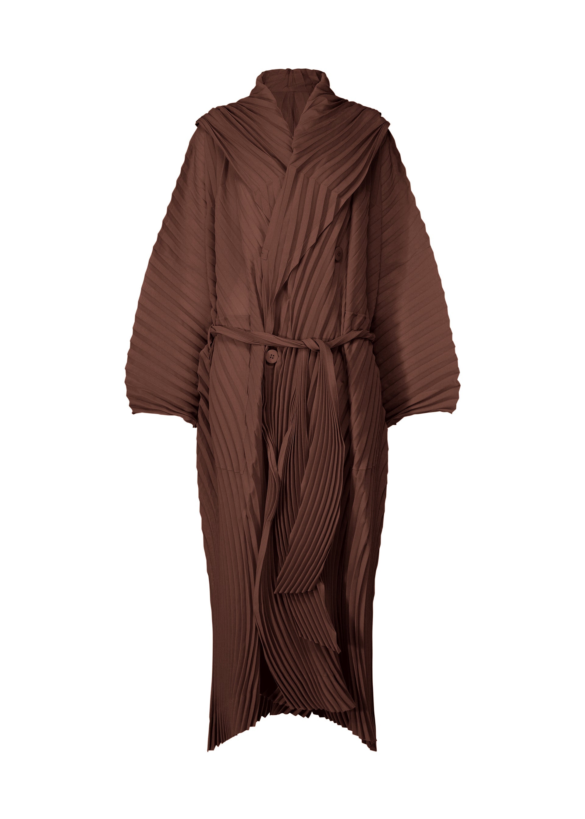 A product shot of the ISSEY MIYAKE WAVE PLEATS coat in dark brown (45).