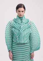 A model wears the ISSEY MIYAKE GENERIC STRIPES (HAND PLEATS) clothing.