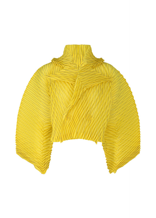 A product shot of the ISSEY MIYAKE GENERIC STRIPES (HAND PLEATS) clothing in yellow-hued (57).