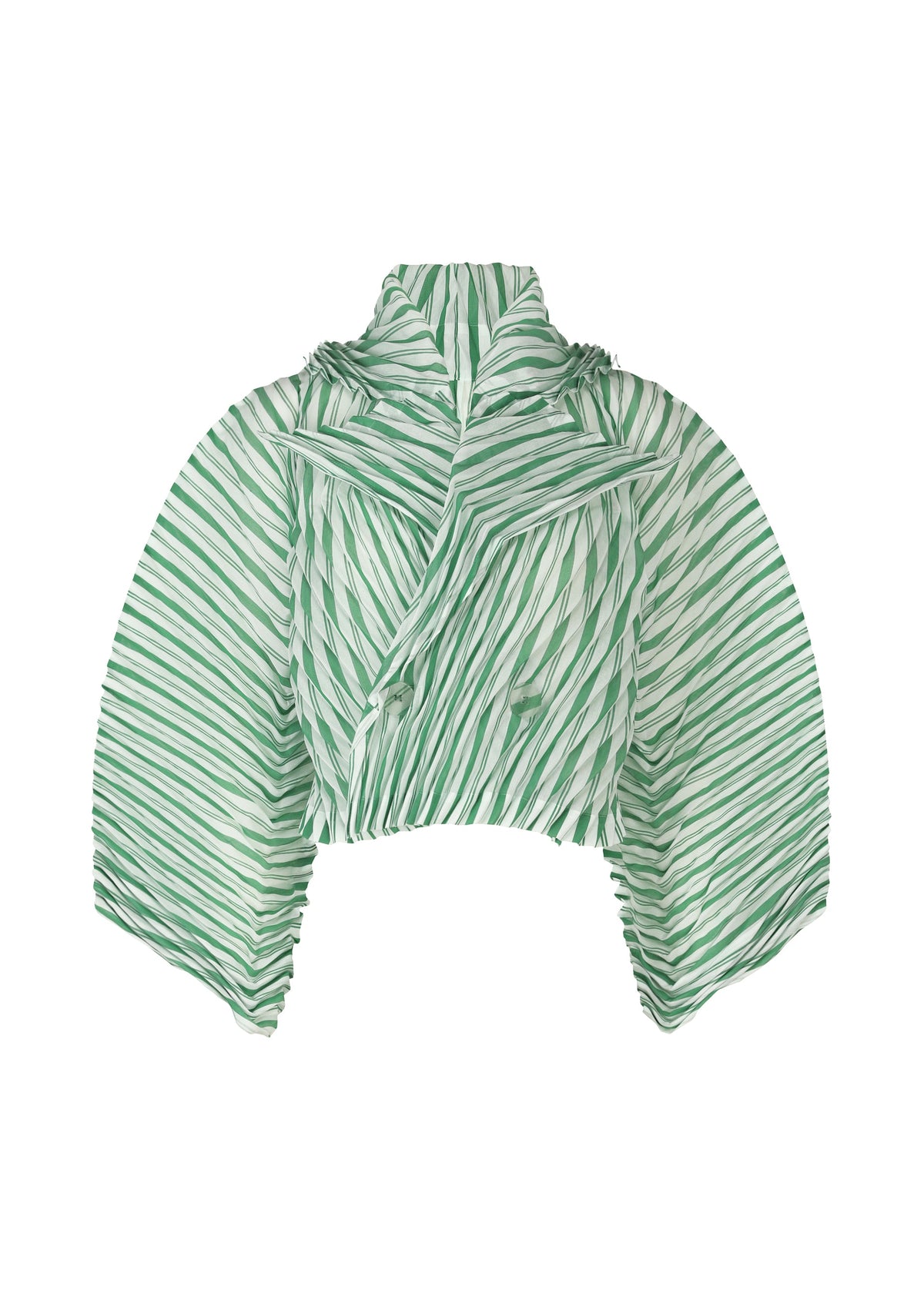 A product shot of the ISSEY MIYAKE GENERIC STRIPES (HAND PLEATS) clothing in green-hued (66).
