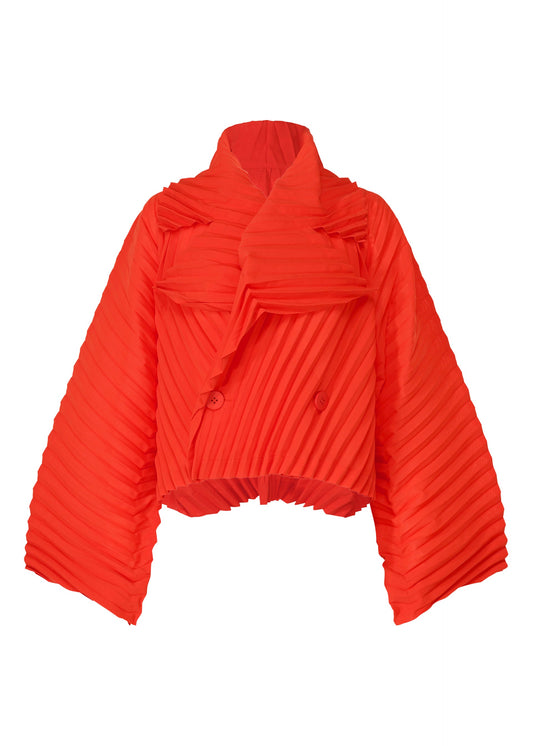 A product shot of the ISSEY MIYAKE WAVE PLEATS jacket in red (24).