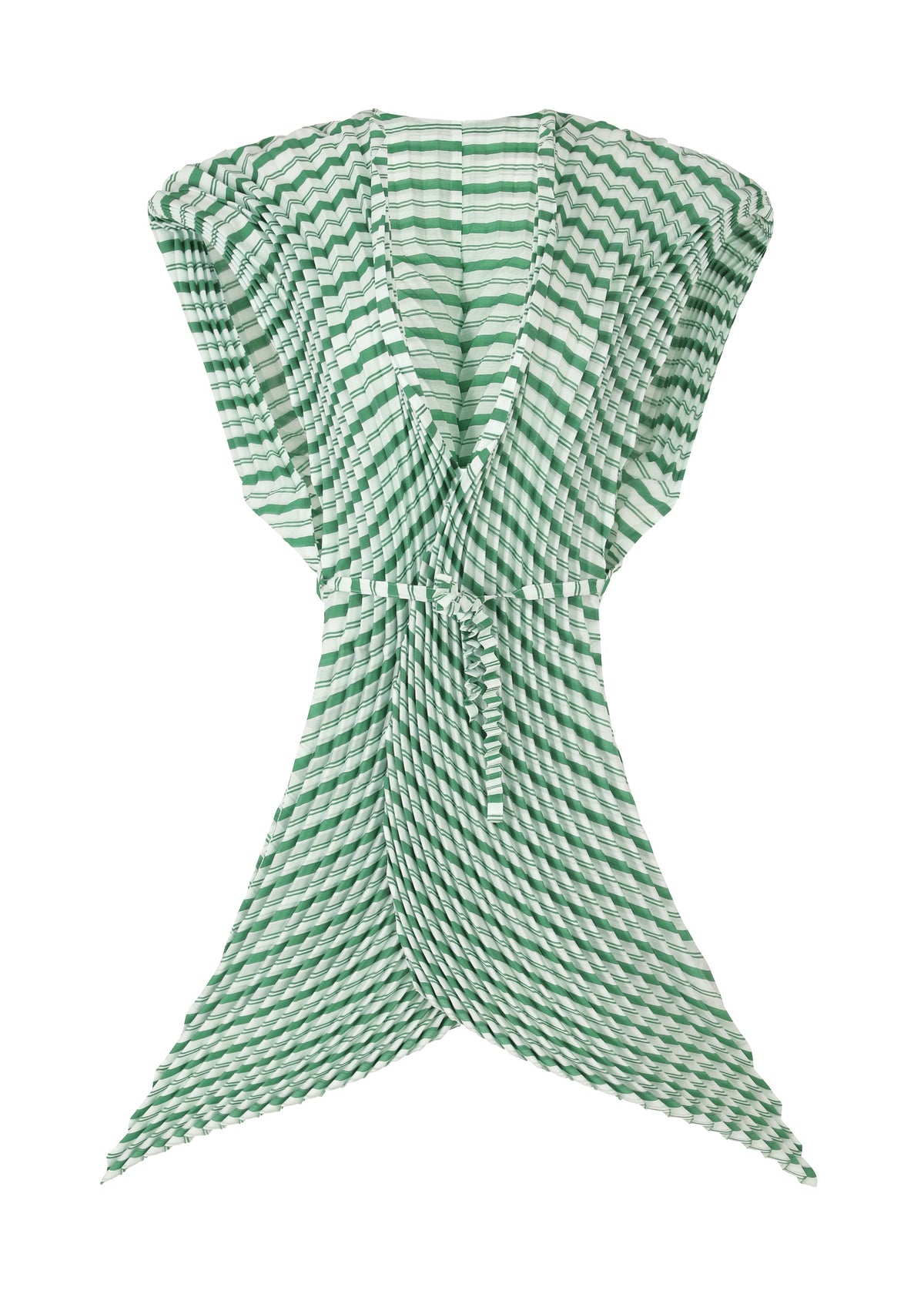 A product shot of the ISSEY MIYAKE GENERIC STRIPES (HAND PLEATS) clothing in green-hued (66).